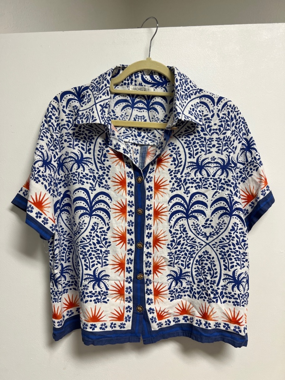 Rachel Zoe White Short Sleeve Linen Button-Up Shirt Blue & Orange Print Large